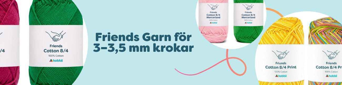 Kollektion av Hobbii Friends bomullsgarn (Cotton 8/4, Mercerized och Print) för 3–3,5 mm virknål, i många färger och praktiska färgpaket.