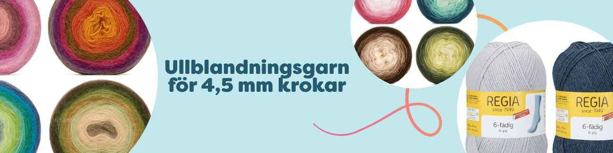 Ullblandningsgarn i nystan och kakor i både uni och melerat, mjuka och varma, perfekta för 4,5 mm virknålar till sjalar, mössor och tröjor.