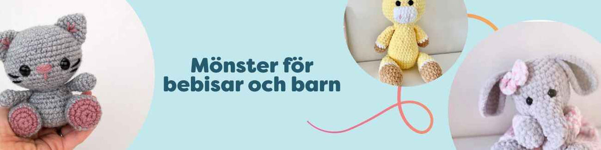 Kollage med stickade och virkade babyplagg och leksaker i mjuka pasteller: babyfilt, snuttefilt, mössa och amigurumi – mönster för bebisar och barn från Hobbii.