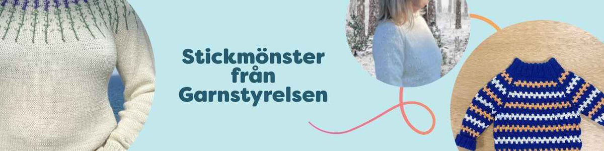 Kollektion med stickmönster från Garnstyrelsen hos Hobbii – stickade tröjor för vuxna och barn samt duk/handduk i mjuka toner.