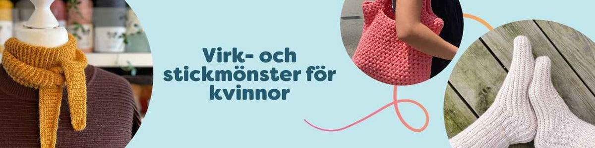 Kollektion med virk- och stickmönster för kvinnor: sjalar, halsdukar, sockor, väskor och sommarhattar i flera stilar och svårighetsgrader.