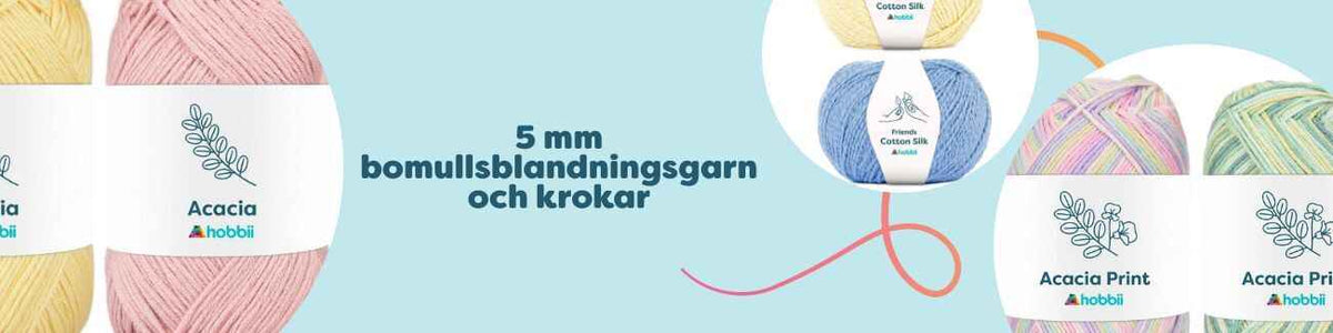 Nystan av 5 mm bomullsblandningsgarn i flera färger tillsammans med virknålar från Hobbii, perfekta för väskor, inredning och plagg.