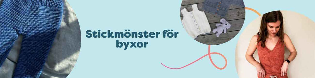 Kollektion med stickmönster för byxor: handstickade byxor och shorts i olika storlekar, stylade med nystan och stickor på neutral bakgrund.