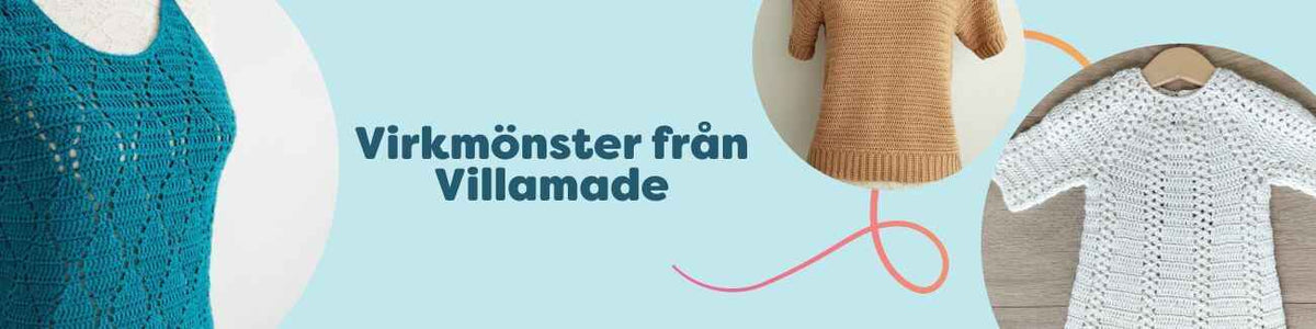 Kollektionen Virkmönster från Villamade med virkade projekt: sommartopp, t-shirt och elegant dopklänning, fotograferade i mjuka toner hos Hobbii.