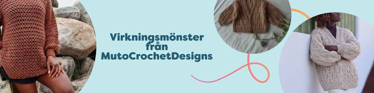 Kollektionsbild med virkningsmönster från MutoCrochetDesigns: vuxenkofta, pullover, wrap/sjal och barnväst i olika garn, visade överskådligt.