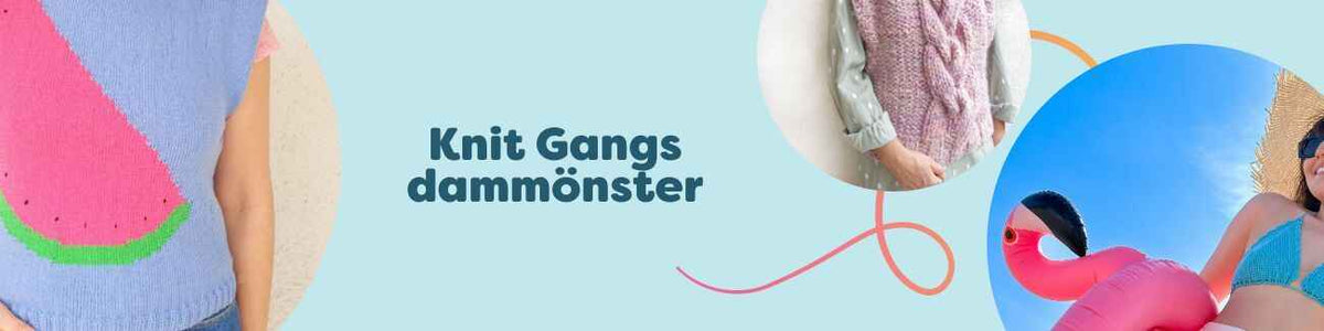 Knit Gangs dammönster hos Hobbii: väst, slipover, bikini-set, mössa och polotröja i garn för stickning och virkning.