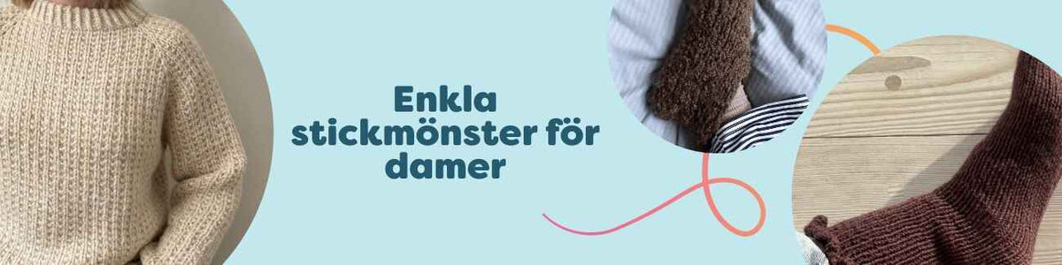 Kollage med enkla stickmönster för damer: tröja, slipover, strumpor, tofflor och vantar från Hobbii.