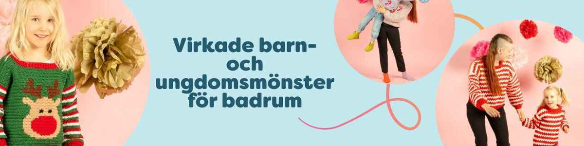 Kollektion med virkade barn- och ungdomsmönster från Hobbii: färgglada tröjor med julmotiv och ränder, lämpliga för mellansvåra virkare.