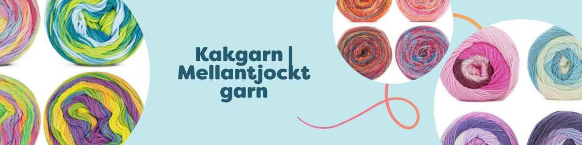 Kakgarn och mellantjockt garn i färgade kakor och nystan från Hobbii, som Frutta, Tea Time, Lollipop och Twister Solid XL – för stickning och virkning.