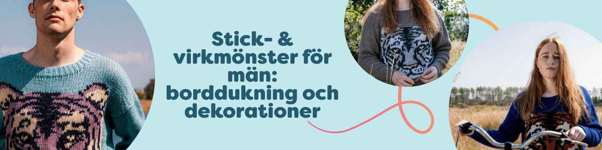 Kollage med stick- och virkmönster för män till borddukning: handgjord löpare, glasunderlägg, servettringar och små dekorationer i neutrala toner.