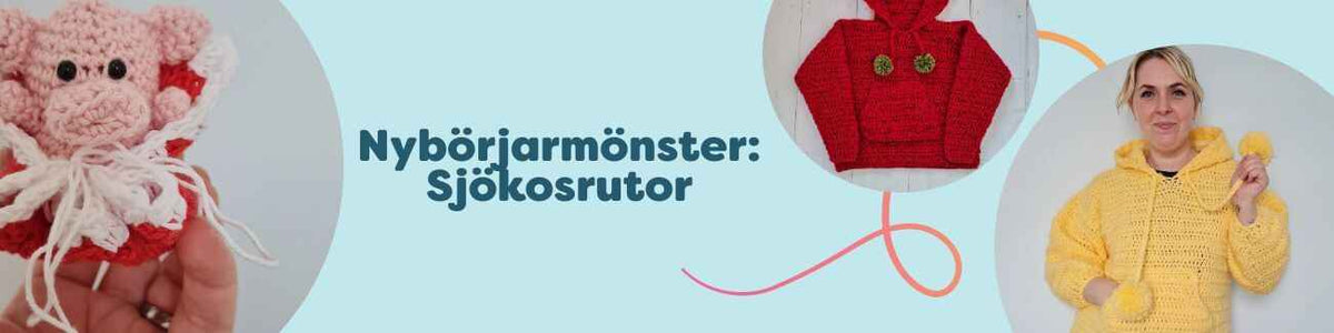 Färgglada virkadearbeten med sjökosrutor arrangerade som provlappar och färdiga projekt som barntröja och filt; nybörjarmönster från Hobbii med garn och virknål.
