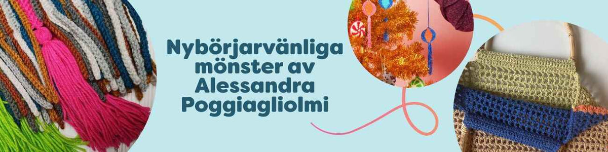 Kollektion med nybörjarvänliga virkmönster av Alessandra Poggiagliolmi: halsdukar, julprydnader och handväska i olika färger.