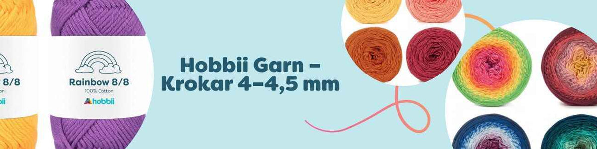 Kollektion med Hobbii-garn för virknål 4–4,5 mm i olika färger; nystan av Rainbow Cotton 8/8, Twister, Twister Solid, Silly Socks samt färgpaket samlade på bord.