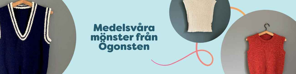 Kollektion med medelsvåra mönster från Ögonsten: tre slipovers – Pascal, Ridge och Gansey – i unisex-stil för vana nybörjare och medelvana.