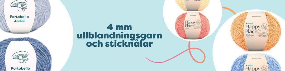 Kollektion med 4 mm ullblandningsgarn i flera färger samt matchande sticknålar, perfekt för tröjor, mössor och mellanprojekt.