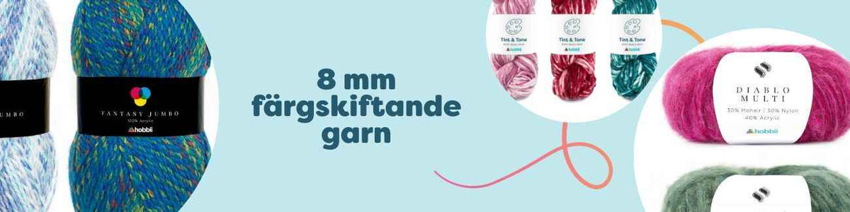 Färgskiftande garn 8 mm i flera nyanser, nystan på rad – perfekt för stickning och virkning.
