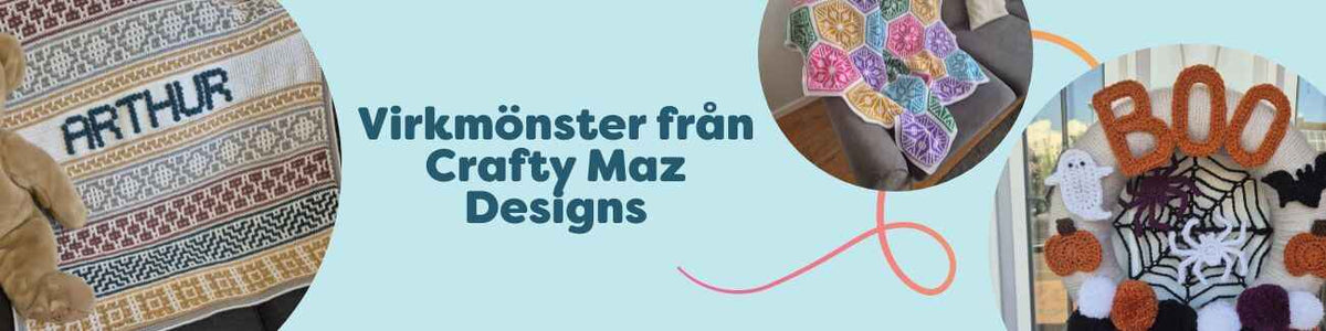 Kollektion av virkmönster från Crafty Maz Designs hos Hobbii: mosaik babyfilt med namn, filt, boxy tröja, halsduk och dekorativ krans i harmoniska färger.