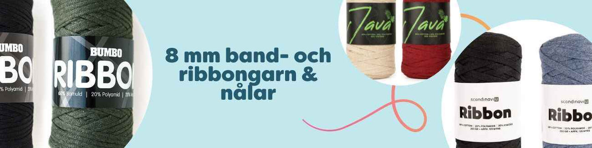 8 mm band- och ribbongarn i flera färger med matchande 8 mm stickor och virknålar, perfekt för väskor, korgar och heminredning.