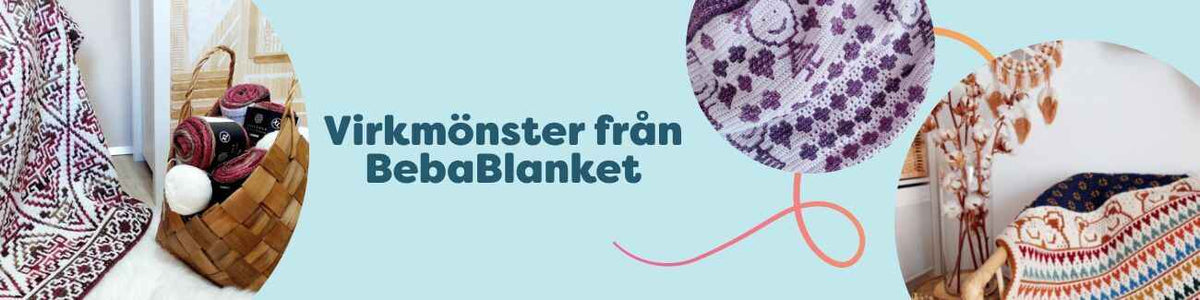 Kollage av BebaBlanket-virkmönster hos Hobbii: mosaikfiltar, babyfiltar och en virkad väst i harmoniska färger, lämpade för virkare på mellannivå.