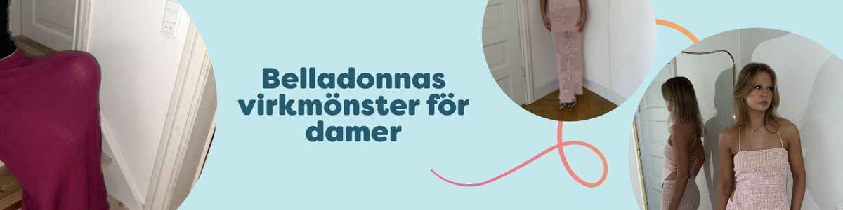 Kollage med damplagg virkade enligt Belladonnas mönster: A-linjeformad maxikjol, Rose Garden-kjol och Rose Garden-topp i garn från Hobbii.