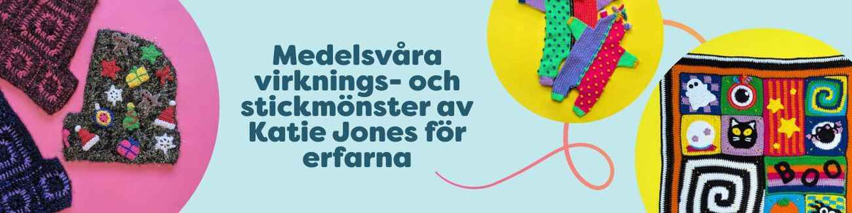 Medelsvåra virk- och stickmönster av Katie Jones: balaklava, babyfilt, bebisoverall (pramsuit), julstrumpor och servettband – Hobbii