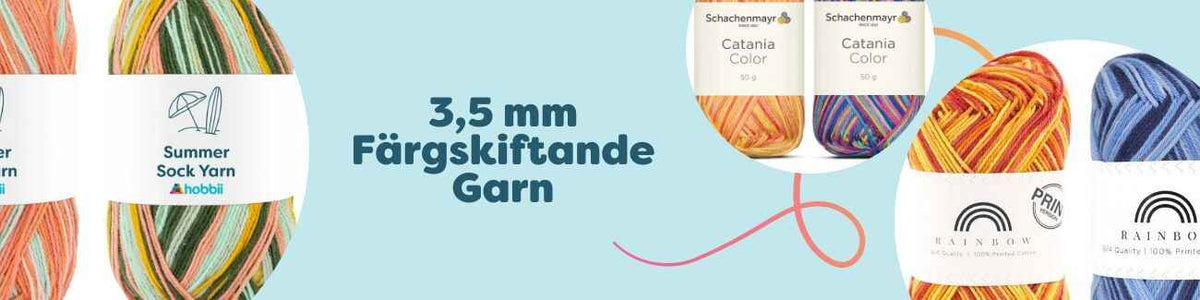 Nystan av 3,5 mm färgskiftande garn i flera nyanser, idealiska för stickning och virkning av sockor, sjalar och tröjor.
