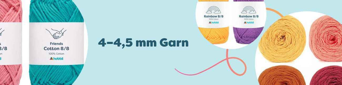 4–4,5 mm garn i bomull och blandgarner från Hobbii – Friends Cotton 8/8, Rainbow Cotton 8/8, Twister m.fl. i många färger för stickning och virkning.