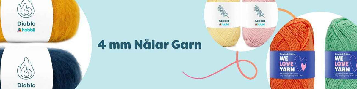Garnkollektion för 4 mm nålar (stickor och virknål) från Hobbii i flera färger – idealisk för tröjor, sjalar, babyfiltar och amigurumi.