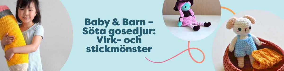 Kollektion med söta virkade och stickade gosedjur för baby och barn – katt, valp, pumpadocka, jättepenna och andra amigurumi på ljus bakgrund.