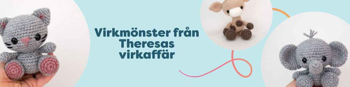 Kollektion av virkmönster från Theresas virkaffär hos Hobbii med amigurumi-djur som katt, giraff, elefant, rådjur och anka för medelvana virkare.