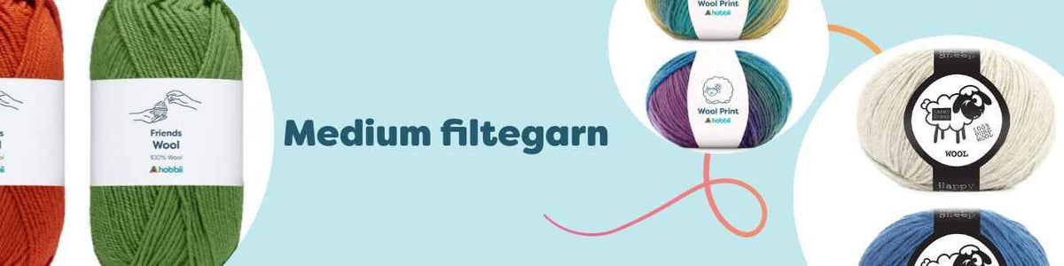 Flera nystan medium filtegarn i ull från Hobbii, uppställda i harmoniska färger – idealiska för tovning, stickning och virkning.
