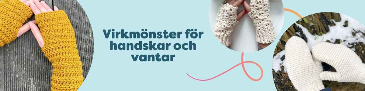 Kollektion av virkmönster för handskar och vantar: handledsvärmare, halvvantar, tumvantar och vinterset i mjuka, vinterinspirerade färger, stylade med Hobbii-garner och virknålar på ett ljust bord.