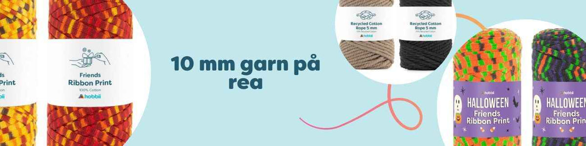 Flera nystan av 10 mm garn i olika färger på rea, perfekta för makramé, grov virkning och stickning – kollektionsöversikt från Hobbii.