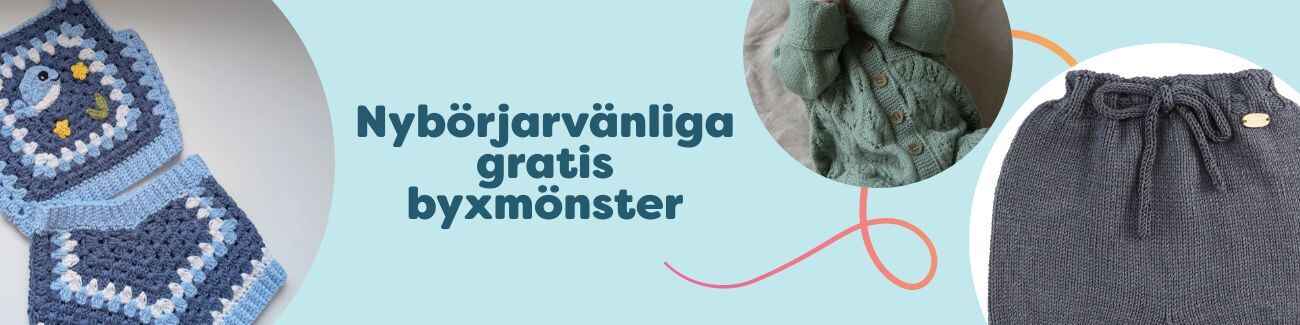 Kollektion med gratis byxmönster för virkning och stickning: barnshorts, bloomers, baggy byxor och romper i mjukt garn från Hobbii i harmoniska färger.
