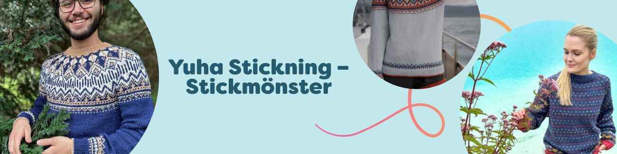 Kollektionen Yuha Stickning – Stickmönster hos Hobbii med nordiskt inspirerade tröjor och en barnklänning i mjuka garnfärger på neutral bakgrund.