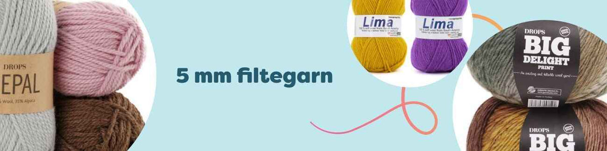 5 mm filtgarn i ull från Hobbii i neutrala och färgstarka nyanser, perfekt för tovade tofflor, korgar och accessoarer.