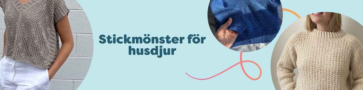 Kollektion med stick- och virkmönster för husdjur: hundtröjor, täcken, kattfiltar och leksaker, fotograferade med garnnystan, stickor och virknålar.