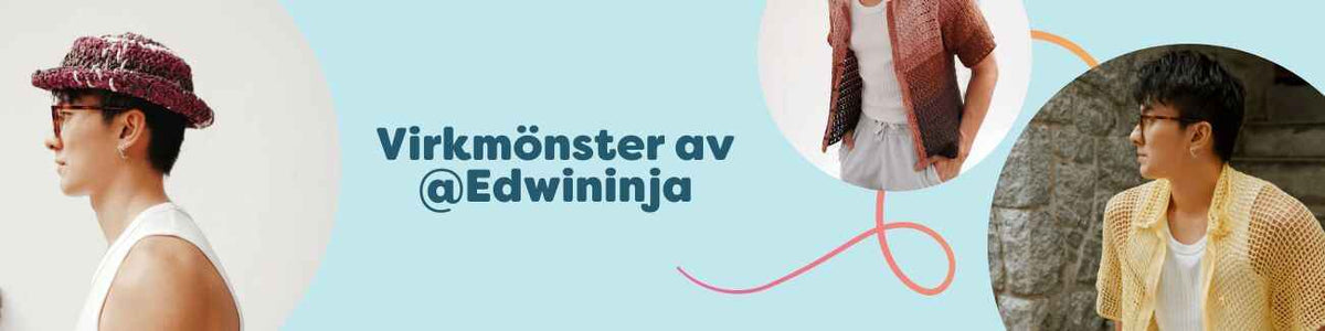 Översiktsbild av kollektionen Virkmönster av @Edwininja hos Hobbii: virkade mössor och toppar/tröjor i flera färger, stylade på modell.