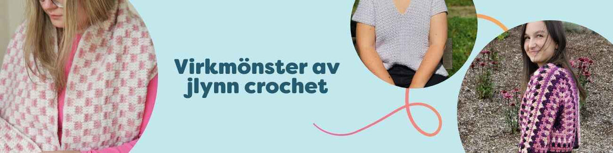 Kollektion med virkmönster av jlynn crochet: scarf, T-shirt, cardigan och körsbärsmatta virkade i Hobbii-garner för medelnivå.