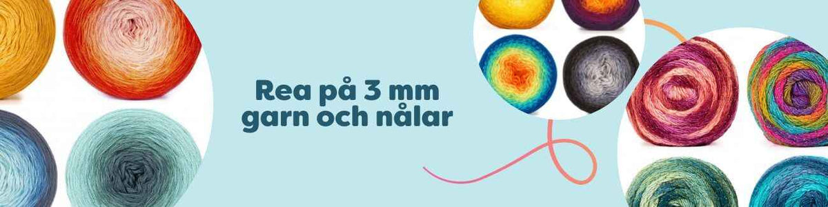 Urval av 3 mm garn på kon och nystan samt stickor och virknålar på rea från Hobbii – t.ex. Sultan, Universe och Cone 500 8/4 i flera färger