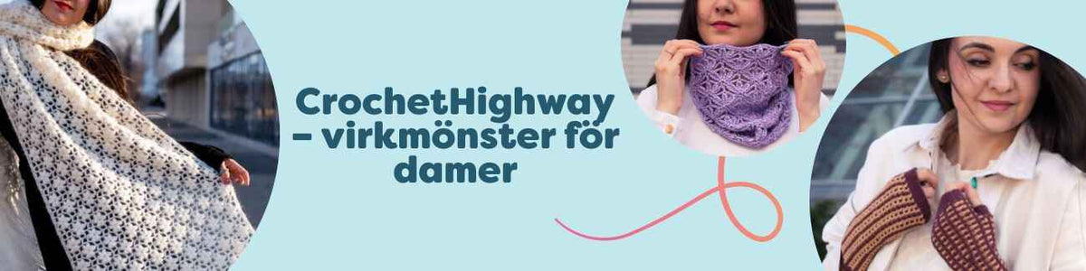 Kollektion med CrochetHighway virkmönster för damer hos Hobbii – sjal, halskrage, fingerlösa vantar, smal halsduk och mössa i harmoniska färger.