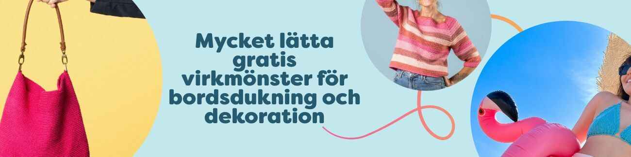 Stilren dukning med handgjorda virkade glasunderlägg, stickad löpare och servettringar i bomullsgarn – gratis mönster för dekoration och bordsdukning.