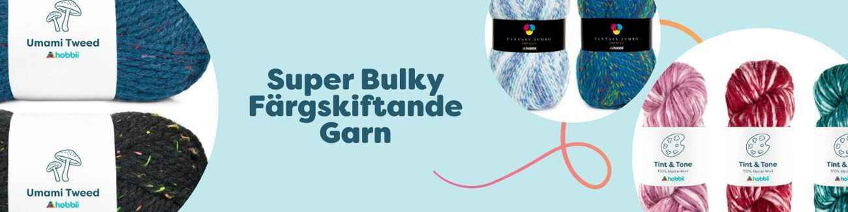 Nystan av super bulky, färgskiftande garn i flera nyanser, upplagda tillsammans på bord; idealiska för grov stickning och virkning.