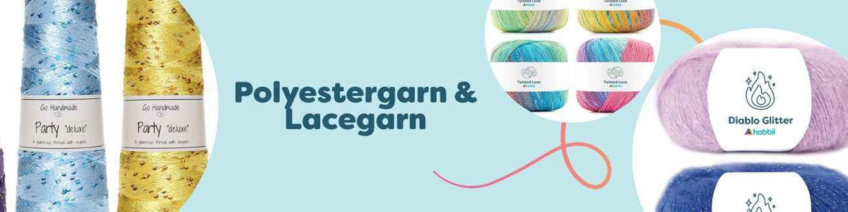 Polyestergarn och lacegarn i glansiga nystan – Party Deluxe, Twisted Love, Diablo Glitter och Candy Pop i flera färger på ett bord.
