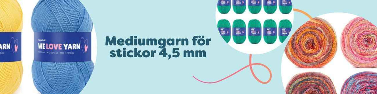 Färgglada nystan av mediumgarn för stickor 4,5 mm från Hobbii, sorterade i olika färger och material – perfekta för tröjor, mössor och filtar.