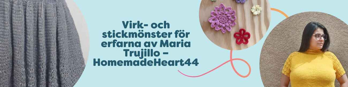 Kollektionsbild med virk- och stickmönster för erfarna av Maria Trujillo (HomemadeHeart44) – tröjor, toppar, kjolar, väskor och applikationer från Hobbii.