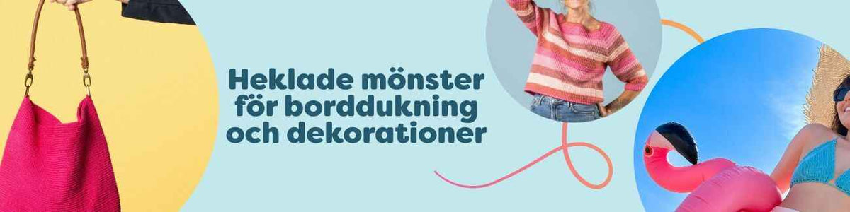 Kollektion med heklade virkmönster för borddukning och dekorationer: glasunderlägg, servettringar, löpare och dukar i garn från Hobbii.