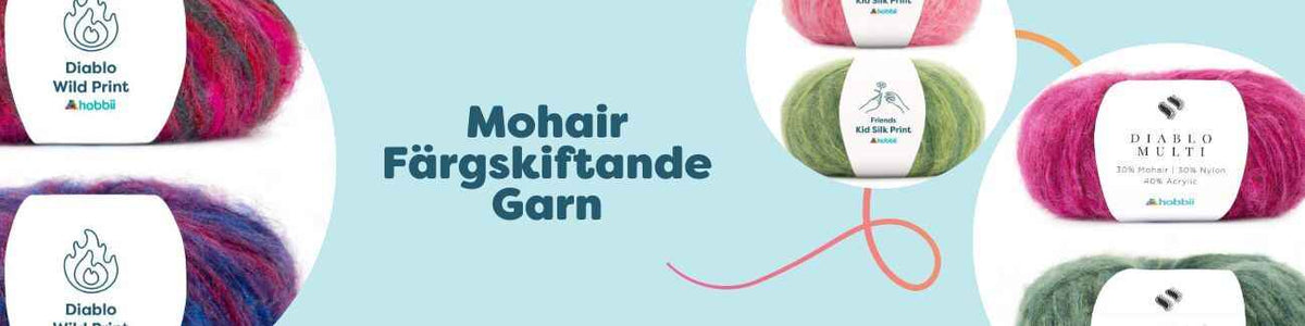 Fluffigt mohairgarn i färgskiftande nyanser – nystan av Diablo och Friends Kid Silk Print upplagda tillsammans på ett bord.