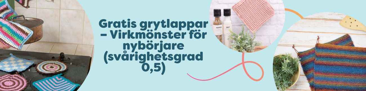 Flera färgglada grytlappar i virkning och stickning, med strukturer som ribb och basketweave – gratis mönster från Hobbii.
