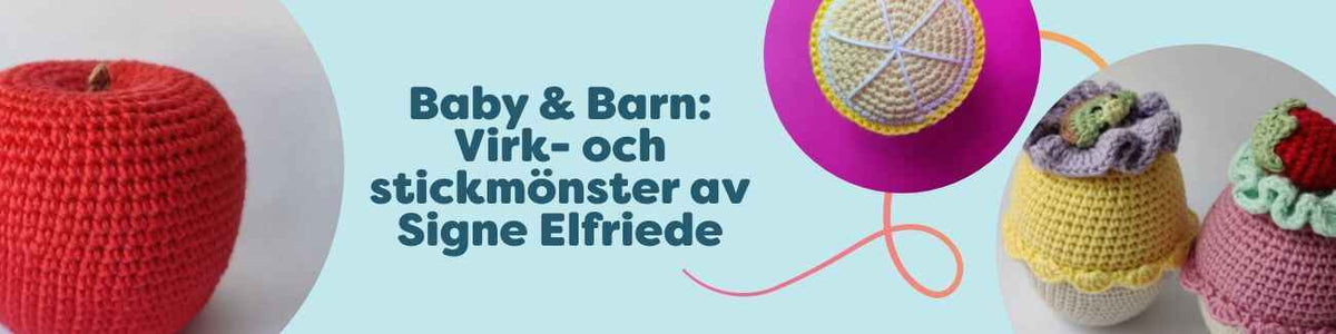 Kollektion med virk- och stickmönster för baby och barn av Signe Elfriede, med stickade och virkade plagg och filtar i mjuka pasteller.
